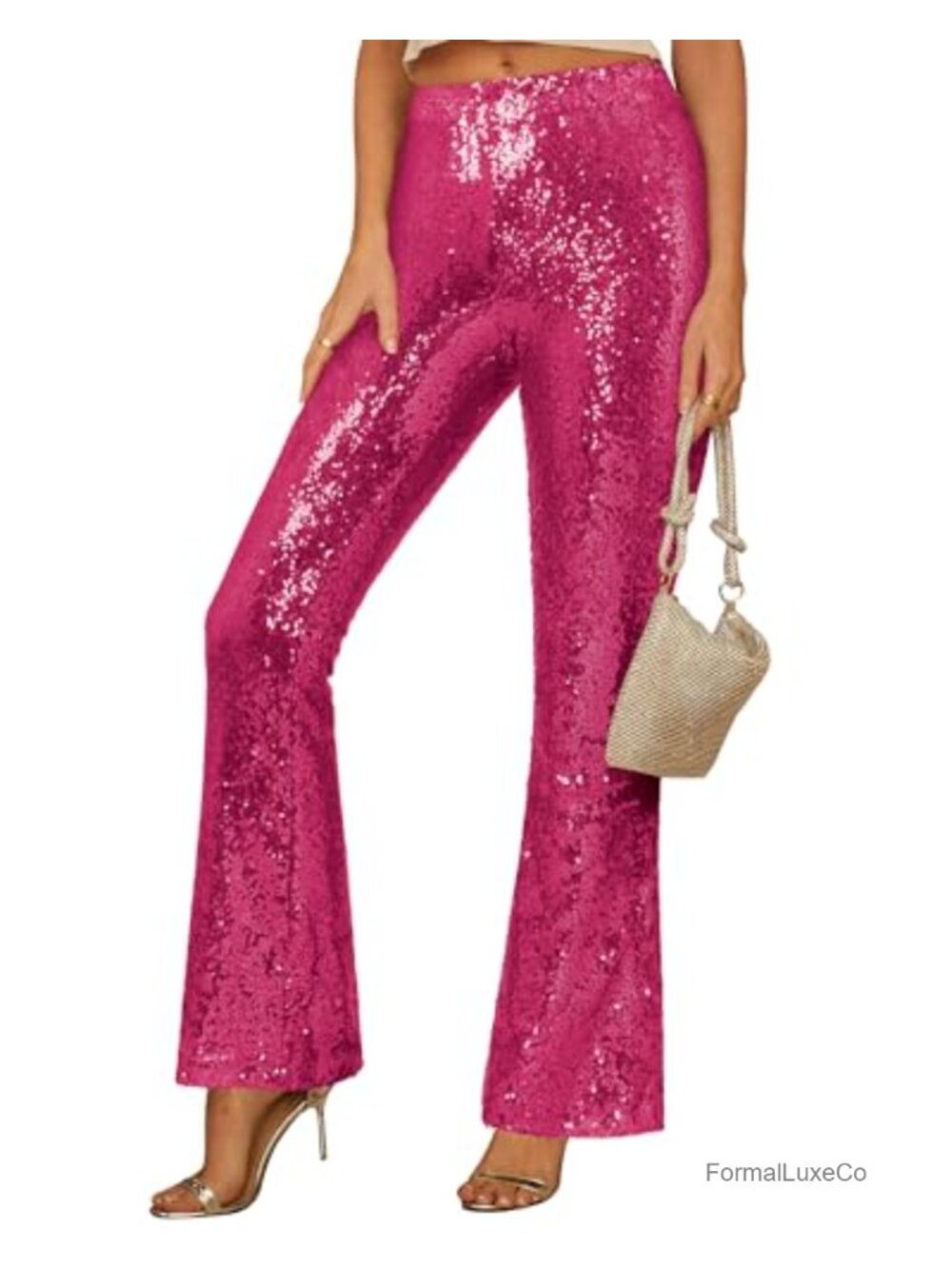 Sequin Flare Pants High Waisted Pull On Stretch Sparkly Party Club Night Out
